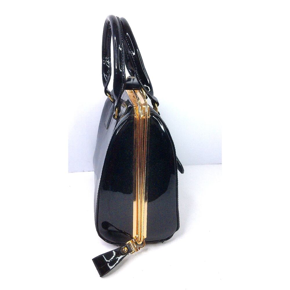 Vintage Y2K Black Patent Faux Leather Frame Satchel Handbag - Picture 4 of 11